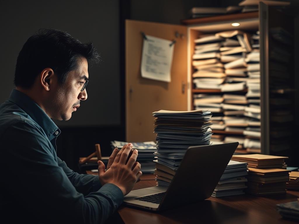 A dimly lit office setting, with a laptop displaying a jumbled mess of text and error messages on the screen. In the foreground, a frustrated professional gazes pensively at the screen, hands clasped in a gesture of concern. The middle ground features a teetering stack of papers, hinting at the overwhelming volume of content to be reviewed. In the background, a half-open cabinet door reveals a chaotic array of disorganized files, symbolizing the challenges of content quality management. The scene is bathed in a soft, warm light, conveying a sense of unease and the need for a more streamlined, reliable solution.