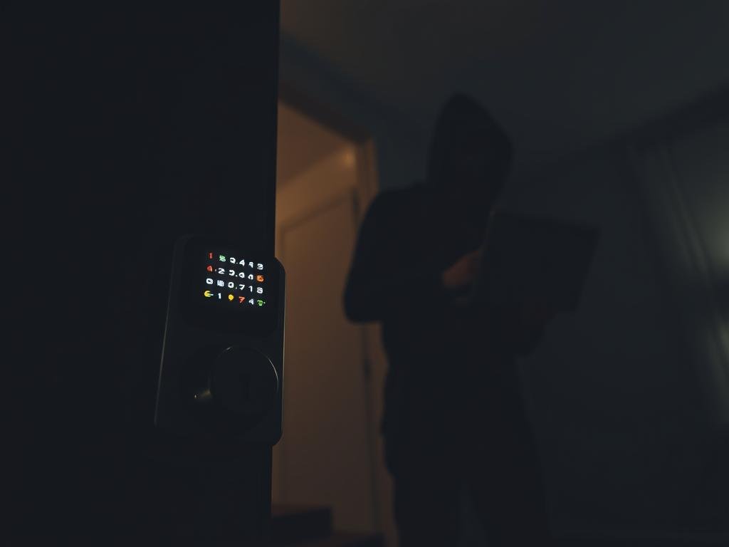 A dimly lit room, a smart lock device prominent in the foreground, its digital display flickering ominously. In the background, a shadowy figure hovers, their hands manipulating a laptop, hacking into the lock's vulnerabilities. The scene is tense, with a sense of impending danger as the lock's security is compromised, exposing the homeowner's safety to potential intruders. The lighting is dramatic, casting deep shadows and creating an atmosphere of unease. The camera angle is slightly tilted, heightening the sense of unease and highlighting the vulnerability of the smart lock system.