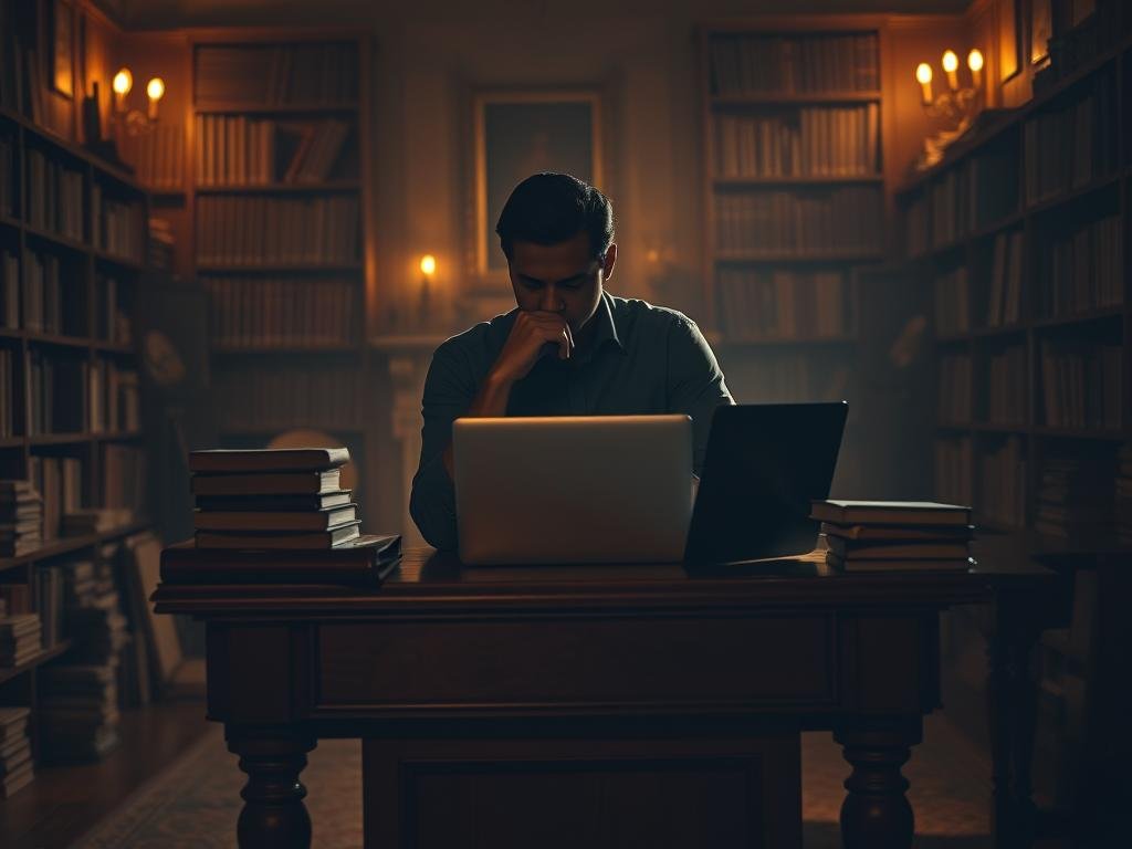 A dimly lit study, the air thick with the scent of old books and the crackle of a fireplace. In the center, a figure sits at a grand wooden desk, lost in thought, a stack of ancient tomes and a sleek laptop before them. The room is bathed in a warm, golden glow, casting shadows that dance across the walls, hinting at the depth of their contemplation. The figure's face is obscured, but their body language conveys a sense of deep concentration, as if they are grappling with the intricacies of language and communication, seeking to unlock the secrets of artificial intelligence. The background is hazy, blurred, focusing the viewer's attention on the central figure, a representation of the pursuit of language understanding.