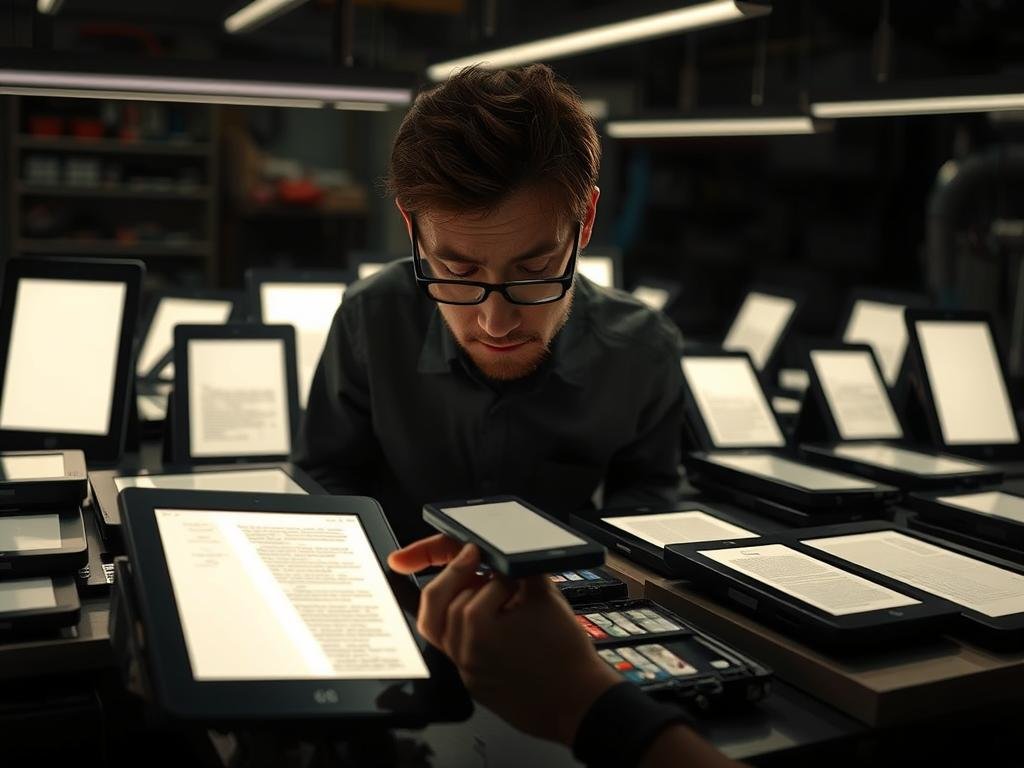 A dimly lit workshop filled with an array of Android e-ink devices, their matte screens casting a soft glow. In the foreground, an engineer examines a disassembled device, brow furrowed in concentration. The middle ground features a variety of e-ink tablets and smartphones, each showcasing the unique challenges of adapting traditional Android to the e-ink display technology - power management, refresh rates, and user interface optimizations. The background is shrouded in shadows, hinting at the technical complexities and hurdles developers must overcome to bring the Android experience to the world of e-ink.