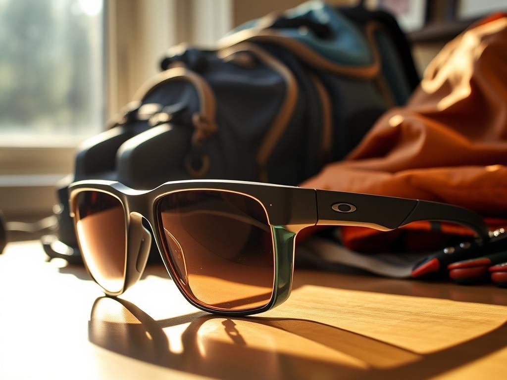 a durable and rugged pair of meta oakley smart glasses sits on a table, showcasing their weatherproof design. the glasses have a sleek, angular frame made of a sturdy, scratch-resistant polymer material. sunlight streams in through a nearby window, casting warm, natural lighting on the lenses, which appear impact-resistant and glare-free. the glasses are accompanied by a collection of outdoor gear, including a hiking backpack and a water-resistant jacket, suggesting their suitability for active, adventurous lifestyles. the scene conveys a sense of reliability, durability, and versatility, highlighting the key features that make these smart glasses a compelling alternative to ray-ban's offerings.