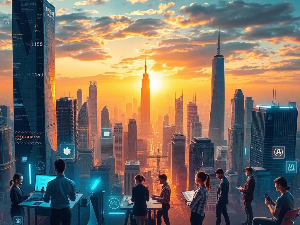 A dynamic, futuristic cityscape with a vibrant mix of AI-powered career paths. In the foreground, a diverse group of professionals engage in various AI-driven tasks - a data scientist analyzing complex algorithms, a machine learning engineer training neural networks, a robotics technician calibrating advanced systems. In the middle ground, towering skyscrapers and gleaming tech hubs house cutting-edge AI research labs and startup incubators. The background features an awe-inspiring skyline, bathed in a warm, golden light that suggests the boundless potential of the AI economy. Subtle neon accents and holographic interfaces add a touch of sci-fi wonder, creating an immersive, forward-looking vision of the AI job landscape.