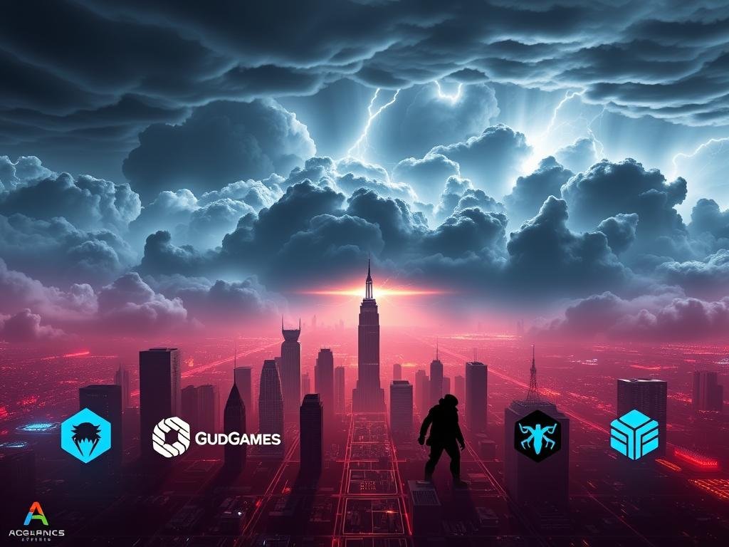 A dynamic, high-contrast comparison of 8 leading cloud gaming platforms, showcased against a sweeping, cinematic backdrop. In the foreground, detailed, three-dimensional representations of the platforms' logos and silhouettes, arranged in a grid-like formation, each with a distinct visual style and color palette. The middle ground features a futuristic, neon-infused cityscape, with skyscrapers and data centers casting long shadows. The background is a vast, awe-inspiring expanse of stormy clouds, lit by flickering lightning bolts, creating an atmosphere of technological power and innovation. Crisp, high-resolution textures, dramatic lighting, and a sense of depth and scale convey the gravity and significance of the cloud gaming landscape.