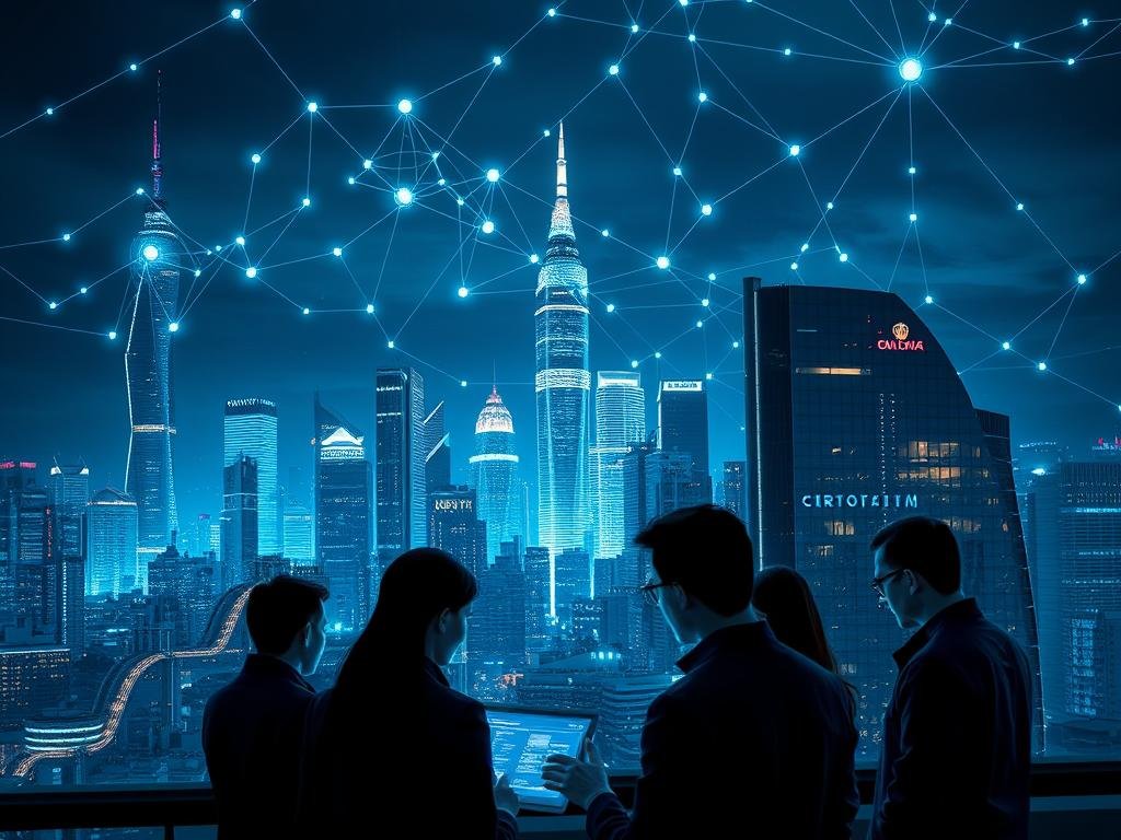 A futuristic cityscape at night, with towering skyscrapers and sleek, modern architecture. The sky is filled with a network of glowing lines and geometric shapes, representing the intricate web of digital connections that power the city. In the foreground, a group of cybersecurity experts, their faces illuminated by the glow of holographic displays, analyze complex data streams and implement advanced security protocols. The scene is bathed in a cool, blue-tinged lighting, creating an atmosphere of technological sophistication and vigilance, as the city prepares to defend itself against the ever-evolving threats of the digital age.
