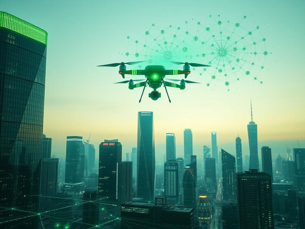 A futuristic cityscape with sleek, high-rise buildings powered by glowing green energy grids. In the foreground, a networked array of interconnected smart devices and sensors, their LED indicators pulsing with real-time data. The middle ground features a hovering drone, its body encased in a translucent green exoskeleton, scanning the environment. Overhead, a swarm of nano-drones disperses a shimmering green mist, harnessing ambient energy. The sky glows with an ethereal green hue, illuminating the scene with an aura of sustainable innovation. Crisp, high-contrast lighting accentuates the clean, minimalist aesthetic. The overall mood is one of advanced, eco-friendly technology in harmony with its urban surroundings.