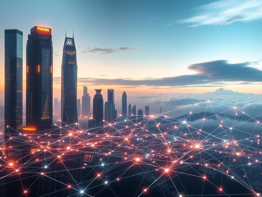 A futuristic cityscape with towering skyscrapers and glowing holograms, illuminated by a warm, diffused light. In the foreground, a dynamic network of digital transactions and smart contracts, visualized as an intricate web of interconnected nodes and flowing data streams. In the middle ground, figures representing various decentralized finance participants - traders, lenders, borrowers - interacting seamlessly through decentralized applications. The background features a serene, expansive sky with ethereal clouds, hinting at the boundless potential of this decentralized financial ecosystem.