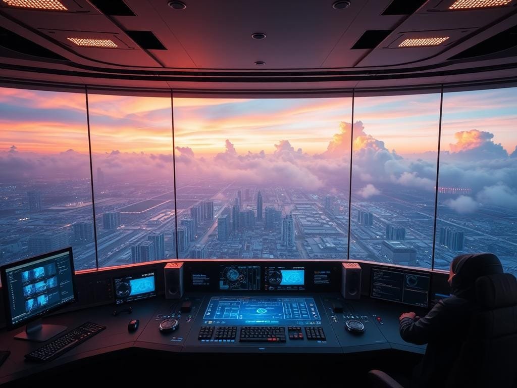 A futuristic control center overlooking a sprawling cloud computing landscape. In the foreground, a central command console with holographic displays, dials, and intuitive interfaces for managing multiple cloud environments. The middle ground features a panoramic window revealing a dynamic cityscape of data centers, server racks, and interconnected networks. The background showcases a vibrant, almost ethereal sky with glowing, translucent clouds that symbolize the seamless integration of cloud resources. Dramatic lighting casts a warm, authoritative glow over the scene, conveying a sense of power, control, and technological sophistication. The overall atmosphere is one of cutting-edge cloud management, where the future of enterprise computing is brought to life.