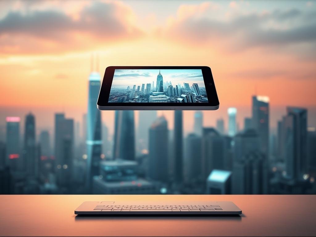 A futuristic e-ink tablet hovers above a sleek, minimalist desktop. The tablet's screen displays a vibrant, high-resolution image, showcasing the device's advanced display capabilities. In the background, a softly lit cityscape with towering skyscrapers and glowing holograms hints at a technologically advanced future. Warm, directional lighting illuminates the scene, creating a sense of depth and atmosphere. The overall composition suggests a harmonious blend of cutting-edge technology and elegant design, capturing the potential of next-generation e-ink tablets in a modern, visually captivating way.