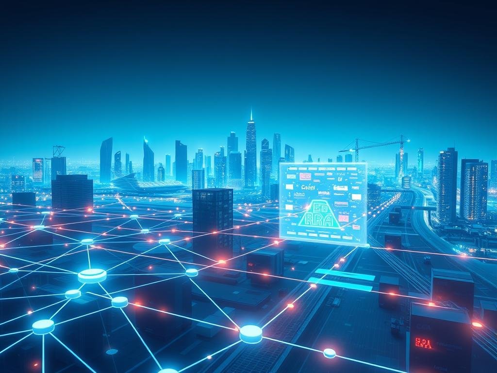 A futuristic, high-tech blockchain-powered supply chain system. In the foreground, a network of interconnected nodes and hubs representing various stages of the supply chain, glowing with a vibrant, digital energy. In the middle ground, a transparent, holographic display showcases the real-time flow of goods, materials, and data, tracked and verified through blockchain technology. The background features a sleek, minimalist cityscape, with towering skyscrapers and gleaming infrastructure, all connected by a seamless, automated logistics network. The scene is bathed in a cool, blue-tinged lighting, creating an atmosphere of precision, efficiency, and technological advancement, capturing the essence of the blockchain revolution in modern supply chains.