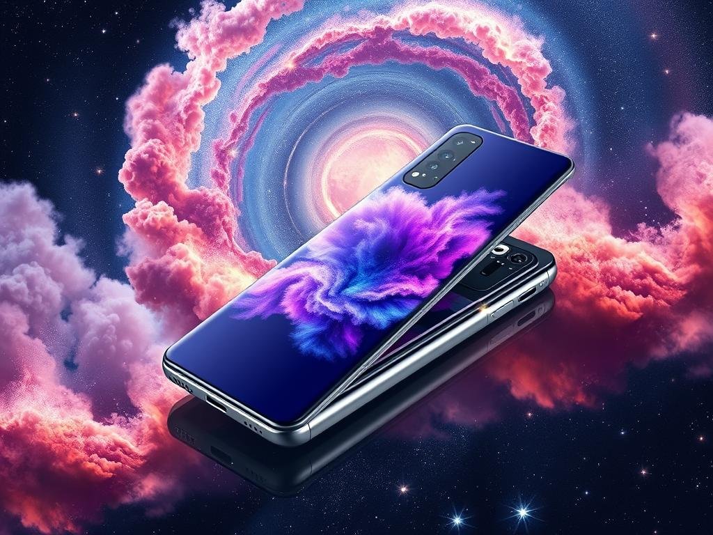 a futuristic, high-tech rendering of the samsung galaxy s26 showcasing its advanced performance capabilities. the device is rendered in a clean, minimalist style with a sleek, metallic body and a large, vibrant oled display. the background is a detailed, photorealistic galaxy scene with swirling clouds of colorful cosmic dust and twinkling stars, conveying a sense of power and technological sophistication. crisp lighting from multiple angles highlights the phone's elegant design and intricate internal components, which are partially visible through a transparent casing. the overall mood is one of awe-inspiring innovation and cutting-edge engineering.