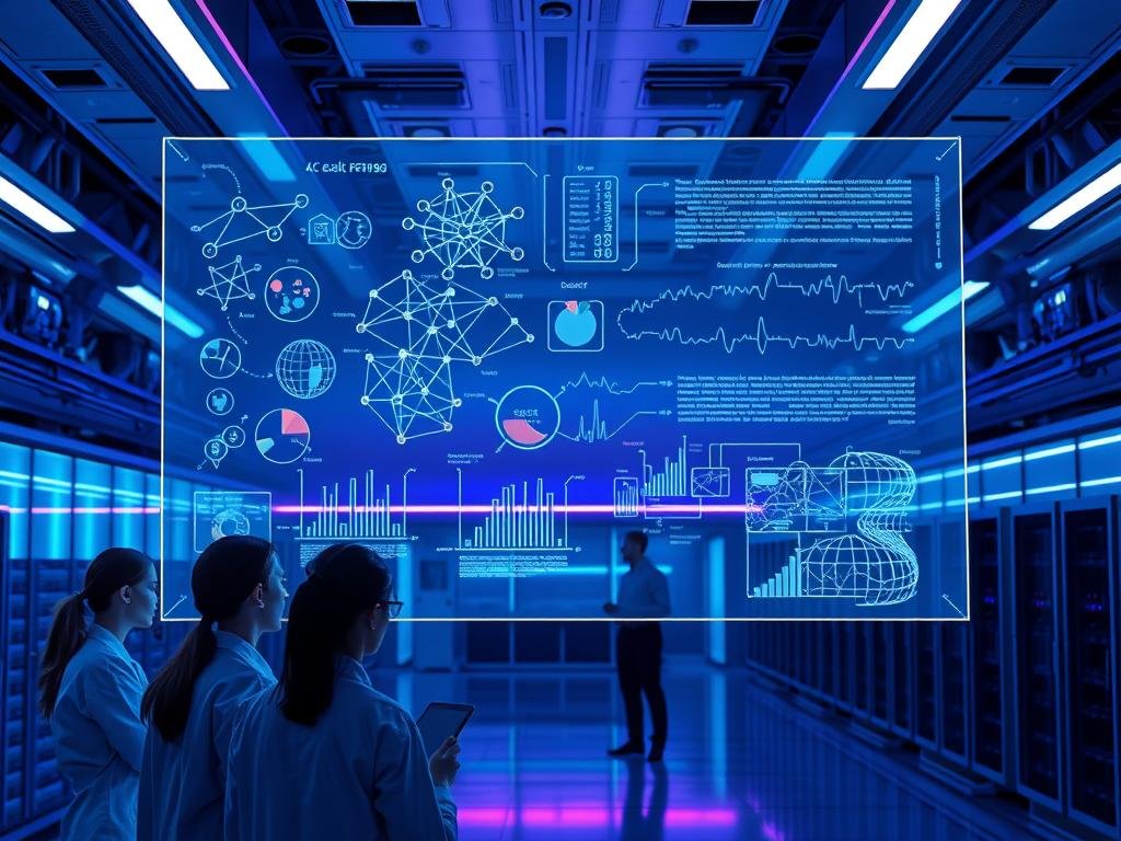 A futuristic laboratory setting with a large, holographic display showcasing various data visualizations and machine learning algorithms. In the foreground, a team of data scientists and engineers intently studying the screen, their faces illuminated by the glow of the display. Subtle blue and purple lighting creates a serene, high-tech atmosphere. The middle ground features complex neural network diagrams and lines of code cascading across the hologram, representing the underlying machine learning processes for detecting misinformation. In the background, rows of server racks and scientific equipment suggest the scale and sophistication of the technology powering this misinformation detection system. Overall, the scene conveys a sense of cutting-edge research and innovation in the field of AI-driven misinformation identification.