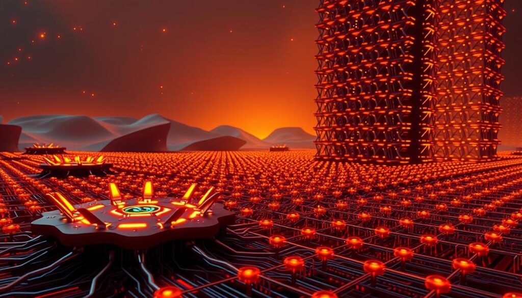 A futuristic landscape of energy-efficient neuromorphic computing chips, bathed in a warm, amber glow. In the foreground, a cluster of sleek, organic-inspired processors pulsing with dynamic, low-power activity. The middle ground features a matrix of interconnected neural networks, their synaptic connections glowing with efficient data transmission. In the background, a towering, latticed architecture of energy-efficient quantum computing arrays, their intricate designs echoing the efficient patterns of the brain. The scene conveys a sense of innovation, sustainability, and the profound implications of brain-inspired computing for a more energy-conscious future.