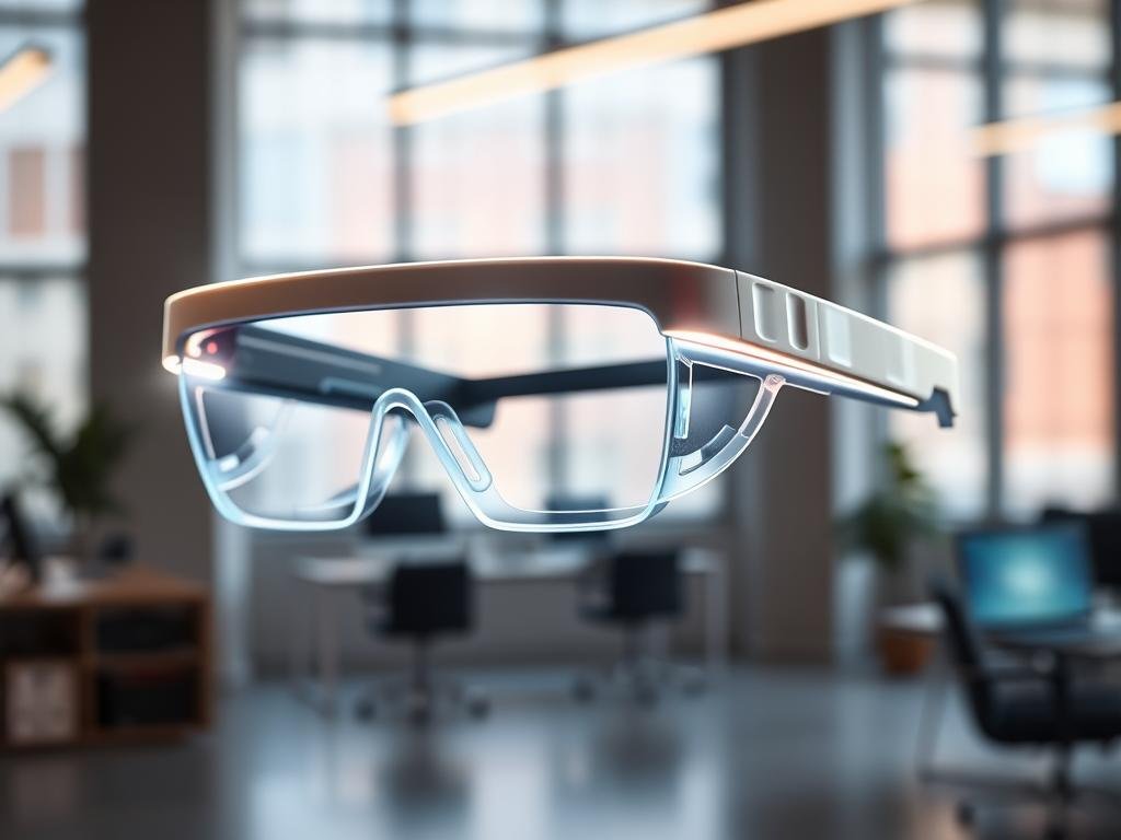 a futuristic pair of meta oakley smart glasses, featuring an expanded field of view and advanced ar capabilities. the glasses have a sleek, minimalist design with a translucent, wraparound frame that seamlessly blends into the wearer's face. the lenses are coated with a specialized film that allows for a wider, more immersive display, projecting holographic images and overlaying digital information into the user's natural line of sight. the glasses are illuminated by a soft, ambient glow, casting a warm, futuristic atmosphere. the scene is set against a backdrop of a clean, contemporary office space, with large windows providing ample natural lighting. the focus is on the glasses, showcasing their innovative features and high-tech capabilities.