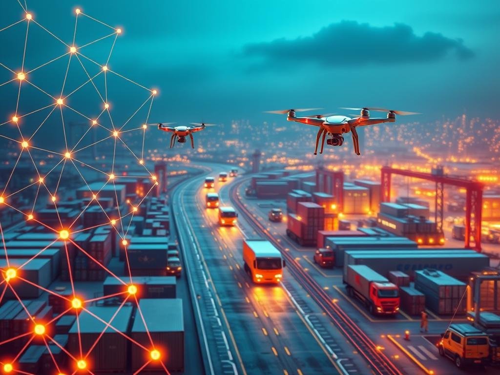 A futuristic supply chain management system powered by blockchain technology. In the foreground, a network of interconnected nodes and data flows, representing transparency and traceability across the supply chain. In the middle, automated drones and vehicles seamlessly transporting goods, their movements recorded on the decentralized ledger. In the background, a cityscape of smart factories and warehouses, optimizing logistics and inventory in real-time. Warm, neon-tinged lighting casts an air of technological innovation, while a sleek, minimalist aesthetic conveys efficiency and reliability. The overall scene suggests a harmonious, streamlined supply chain ecosystem driven by the transformative capabilities of blockchain.