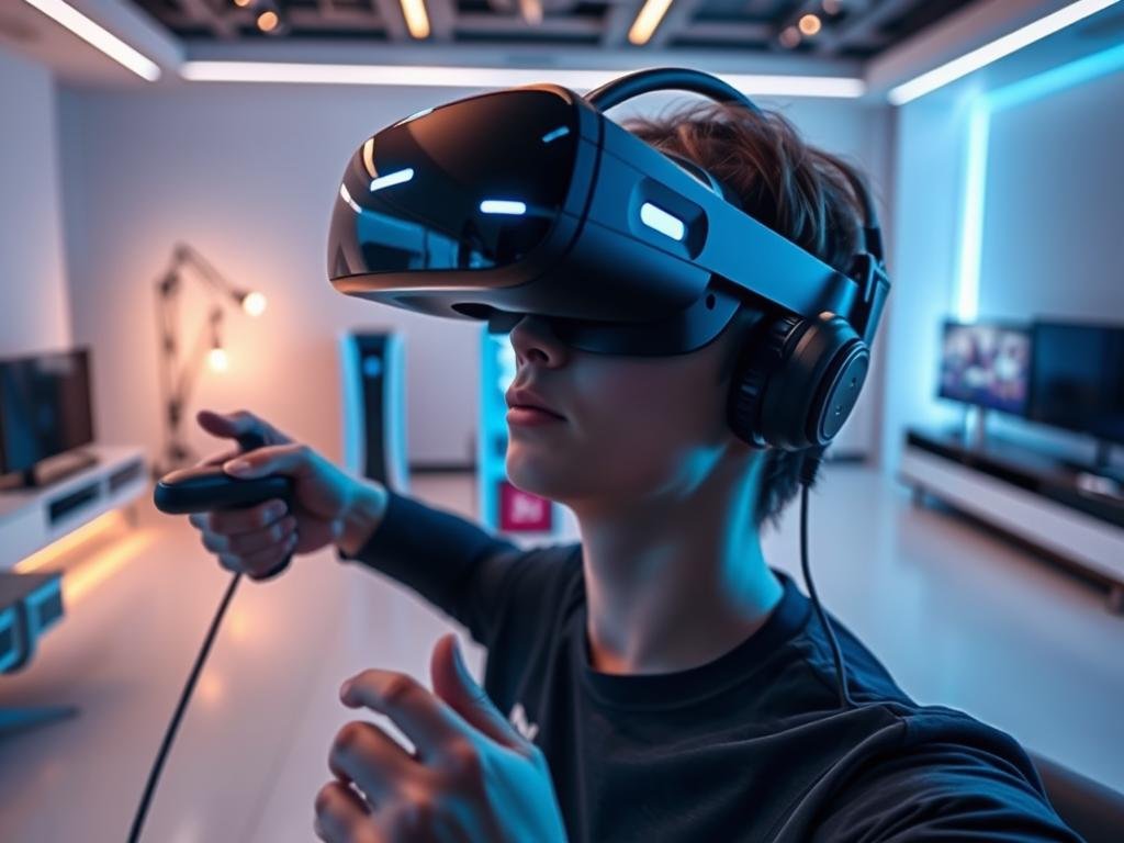 A futuristic virtual reality gaming setup, with a user immersed in a captivating 3D world. In the foreground, a sleek, wireless VR headset with advanced motion tracking and haptic feedback. The user's hands hold intuitive controllers, seamlessly integrating with the virtual environment. In the middle ground, a high-end gaming PC or console, its sleek design and powerful internals powering the immersive experience. The background showcases a minimalist, tech-inspired room, with ambient lighting and minimalist furniture, creating a serene and focused atmosphere for uninterrupted gameplay. The scene exudes a sense of cutting-edge technology, immersion, and the future of interactive entertainment.