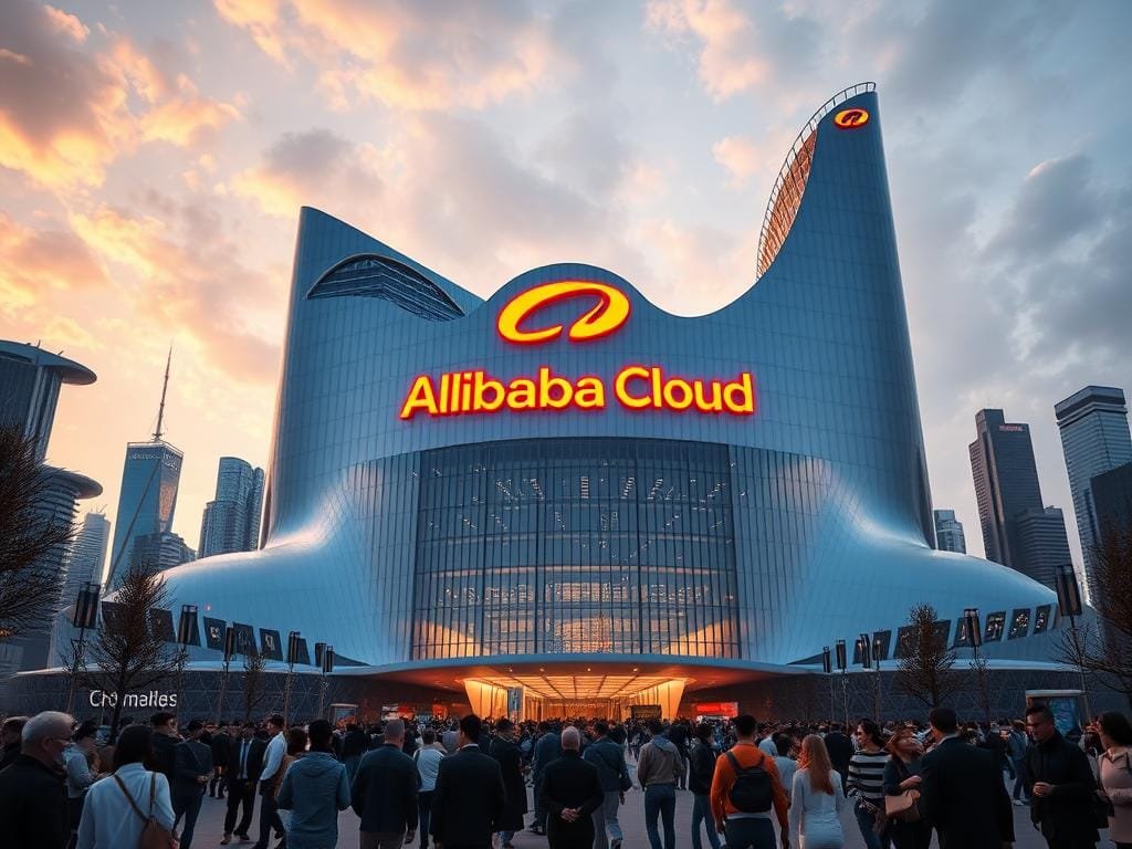 A grand, imposing headquarters of Alibaba Cloud rises against a backdrop of futuristic skylines, gleaming with metallic facades and sweeping architectural curves. Vibrant neon signage illuminates the structure, casting an aura of technological prowess and global ambition. In the foreground, a bustling scene of professionals and innovators conveys the dynamic energy of this cloud computing titan, poised to make its mark on the world stage. Warm, directional lighting accentuates the sleek, modern design, while a sense of scale and grandeur evokes the scale and influence of Alibaba's cloud computing empire. An awe-inspiring composition that captures the essence of Alibaba Cloud's ascendance as a global cloud computing powerhouse.