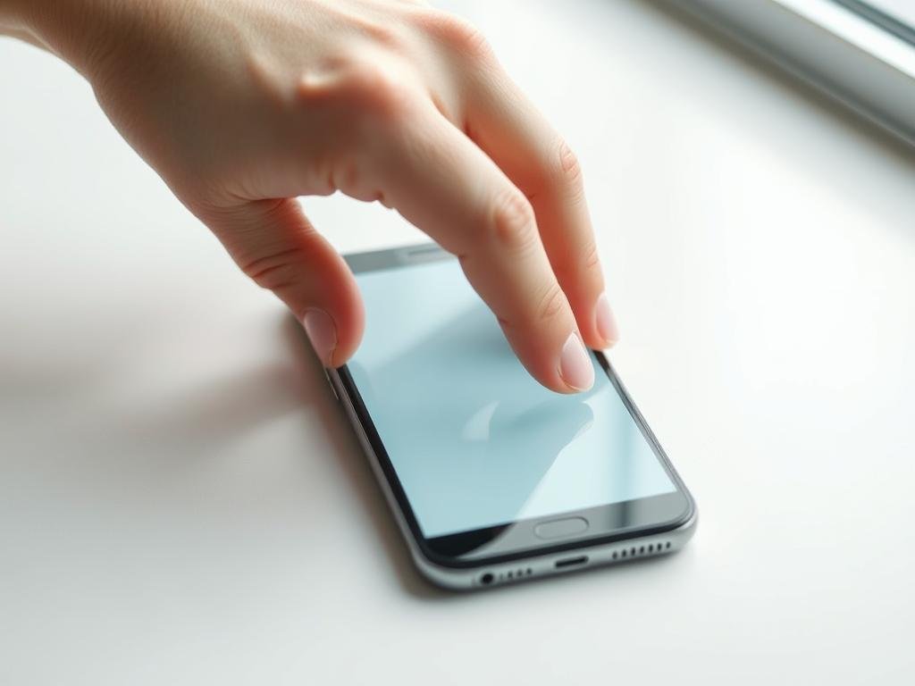 A hand gently calibrating a smartphone touchscreen, with a clean, well-lit, and minimalist interface. The phone is placed on a neutral-colored surface, with soft directional lighting illuminating the scene. The hand performs delicate, precise movements, adjusting touch sensitivity and responsiveness. The focus is on the screen, with the surrounding environment subtly blurred to emphasize the calibration process. The mood is one of calm, concentration, and problem-solving, reflecting the task of fixing an unresponsive touchscreen.