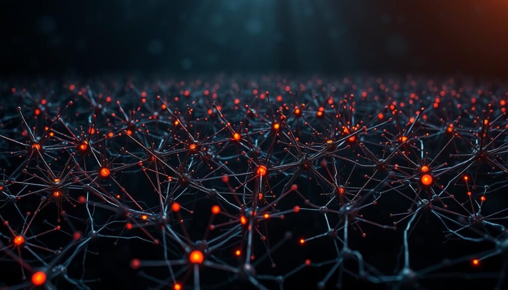 A high-contrast, cinematic illustration of spiking neural networks, showcasing their underlying architecture and function. In the foreground, a grid of interconnected neurons firing in synchronous bursts, their branching dendrites and axons forming a complex, dynamic web. The middle ground reveals the intricate synaptic connections, pulsing with electrical impulses. In the background, a backdrop of dark, textured circuits and microchips, hinting at the integration of this bioinspired technology into neuromorphic computing systems. Dramatic lighting casts deep shadows, emphasizing the depth and dimensionality of the scene, while a shallow depth of field focuses the viewer's attention on the core spiking network activity.