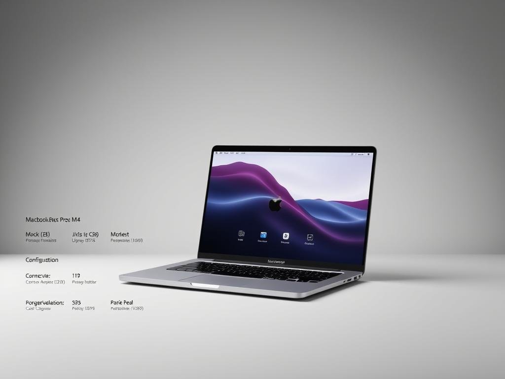 A high-end MacBook Pro M4 laptop showcased in a well-lit studio setting, with an array of configuration options displayed alongside. The device is rendered in a sleek, metallic finish, capturing the premium aesthetics of Apple's latest pro-grade offering. The background features a minimalist, gray-toned backdrop, allowing the laptop and its various configuration details to take center stage. The composition emphasizes the machine's processing power, connectivity, and customization possibilities, conveying a sense of sophistication and technological advancement.