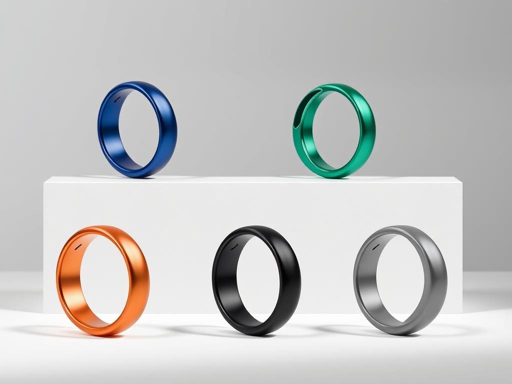 a high-quality, detailed image of samsung galaxy ring color options presented in a clean, modern style. the rings are displayed in a well-lit, softly-lit studio setting, with a simple gray or white background that allows the colors to pop. the rings are shown from multiple angles, highlighting their sleek, minimalist design and the range of vibrant, eye-catching color choices, such as deep blue, emerald green, sunset orange, and muted gray. the overall mood is one of elegance, sophistication, and technology, reflecting the premium nature of the samsung galaxy ring product.