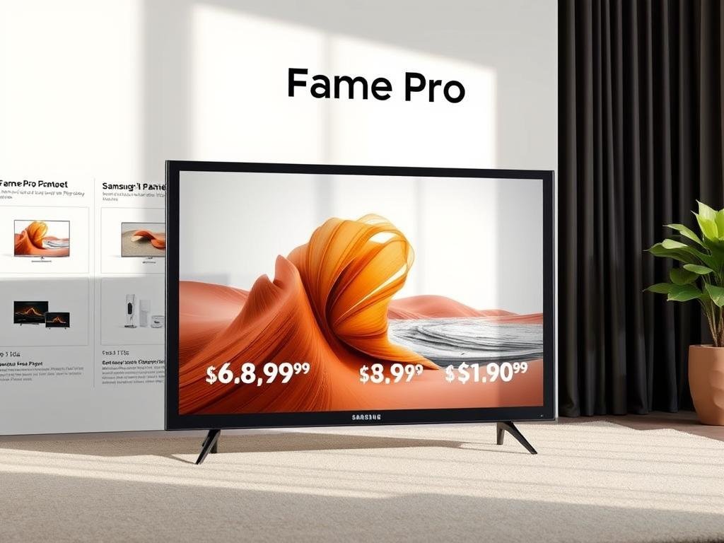 A high-quality, realistic image of the Samsung Frame Pro TV, showcasing various discounted prices from different retailers. The TV is displayed prominently in the foreground, capturing its sleek and elegant design. The background features a clean, minimalist setting with subtle product information, highlighting the TV's versatility as both a premium display and an art piece. The lighting is natural and diffused, creating a warm and inviting atmosphere. The composition emphasizes the product details and price comparisons, allowing the viewer to easily assess the value proposition of the Frame Pro.