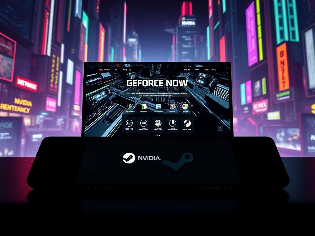 A high-resolution, photorealistic image of the NVIDIA GeForce NOW cloud gaming service, showcasing its RTX-powered graphics capabilities. The scene depicts a Steam Deck device prominently displayed in the foreground, with a stunning, ray-traced 3D rendering of a complex game scene projected onto the device's screen. The middle ground features a sleek, minimalist UI for the GeForce NOW app, highlighting its seamless integration with the Steam Deck. The background showcases a futuristic, neon-lit cityscape, creating a dynamic and immersive atmosphere. The lighting is dramatic, with vibrant colors and deep shadows, emphasizing the power and performance of the RTX-powered graphics. The overall composition is balanced and visually striking, conveying the benefits of using the GeForce NOW app on the Steam Deck for an exceptional cloud gaming experience.
