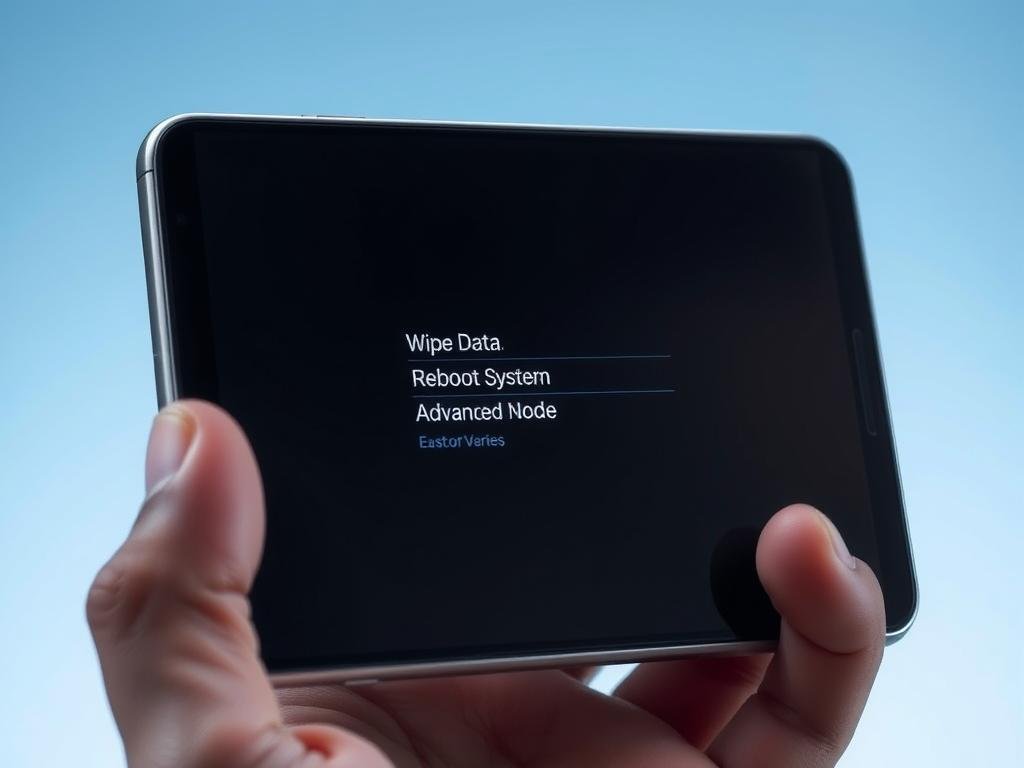 A high-tech Android recovery mode interface, displayed on a sleek, futuristic-looking smartphone. The screen shows a simple, minimalist menu with options like "Wipe Data", "Reboot System", and "Advanced Settings", all rendered in a clean, modern typeface. The background is a subtle gradient of blues and grays, creating a sense of technological depth and sophistication. The device is held in a well-lit environment, with soft, directional lighting that casts gentle shadows and highlights the smooth, metallic edges of the phone. The composition places the recovery mode screen in sharp focus, drawing the viewer's attention to the key interface elements.