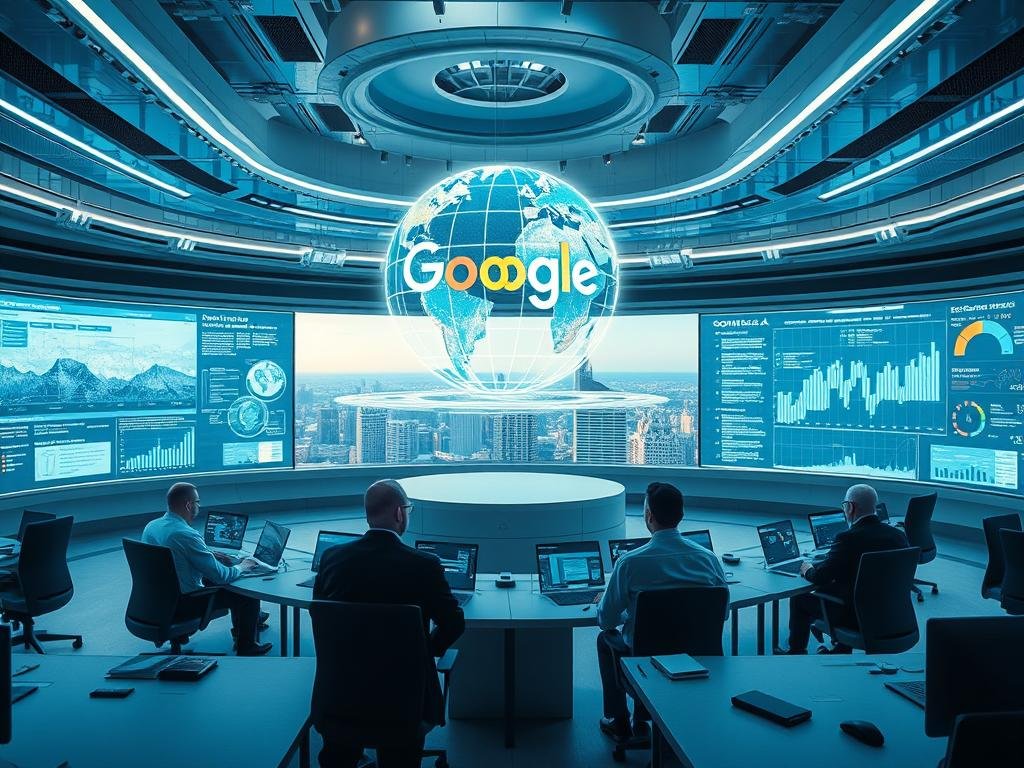 A high-tech control room with a giant holographic display showcasing AI-powered data insights. The room is illuminated by cool, futuristic lighting and sleek, minimalist workstations. In the foreground, a team of Google AI experts analyze intricate data visualizations, their faces reflecting the glow of the screens. The middle ground features a massive, suspended sphere displaying a 3D model of the Google search engine architecture, surrounded by floating information panels. The background depicts a panoramic view of a modern, skyline-dominated city, hinting at the global reach and impact of Google's AI technology.