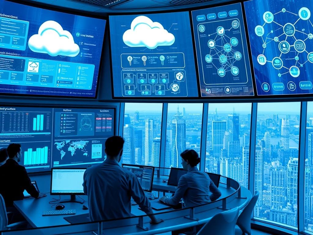 A high-tech control room with multiple large holographic displays showcasing various cloud infrastructure and services. The displays depict real-time monitoring dashboards, performance metrics, and complex network topologies. In the foreground, a team of cloud administrators and engineers collaborate at a curved workstation, their expressions focused as they navigate the intuitive multi-cloud management interface. Soft blue lighting illuminates the scene, creating a futuristic, cutting-edge atmosphere. The background features a panoramic window overlooking a bustling city skyline, emphasizing the scale and importance of these multi-cloud management platforms in the modern digital landscape.