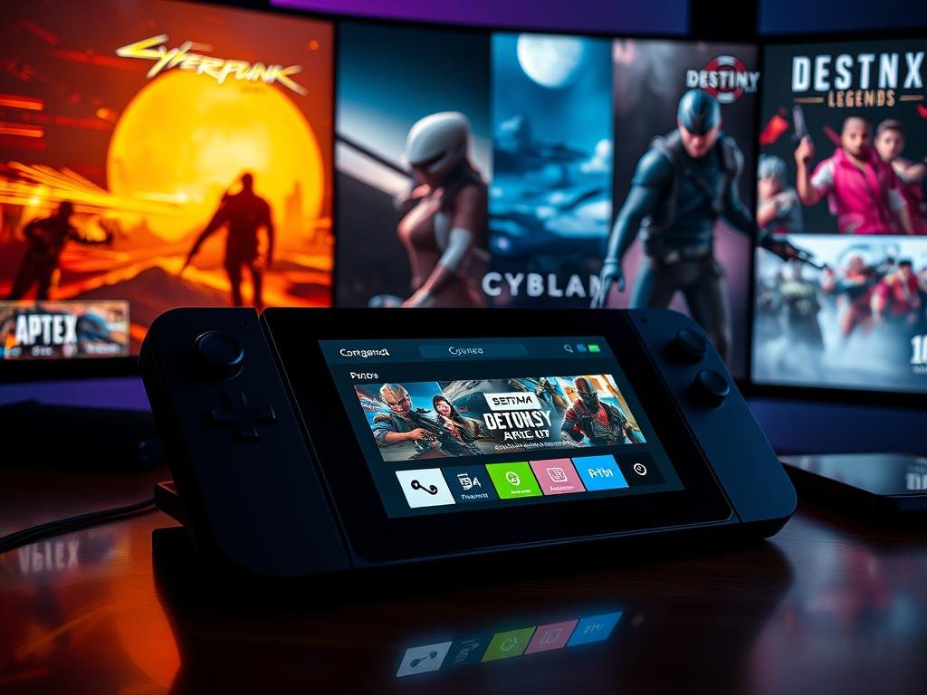 A high-tech gaming setup with a Steam Deck console showcasing the power of NVIDIA GeForce NOW cloud gaming. The Deck's display is illuminated by a warm, cinematic lighting, highlighting the sleek black design and the GeForce NOW interface displayed on the screen. In the background, a collage of vibrant, RTX-enhanced game scenes from popular Steam titles like Cyberpunk 2077, Destiny 2, and Apex Legends, reflecting the breadth of cloud-powered experiences available. The composition emphasizes the seamless integration of the Steam Deck and GeForce NOW, delivering a premium cloud gaming experience on the go.