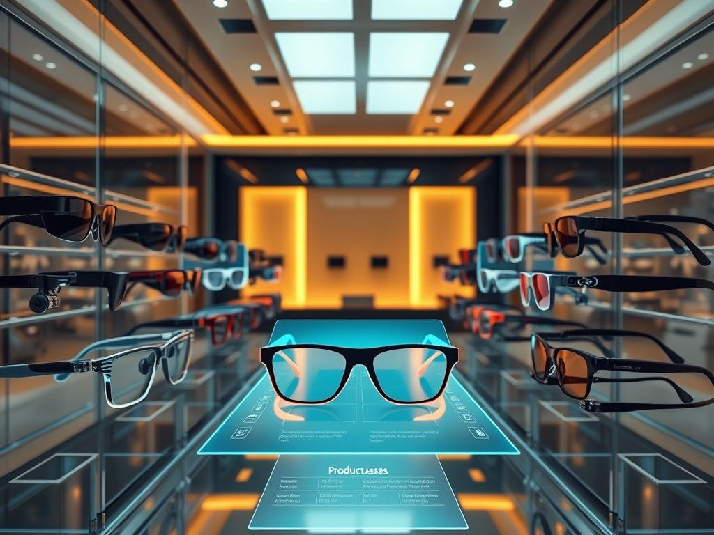 A high-tech, glass-enclosed showroom displaying a lineup of futuristic smart glasses models. The foreground features an array of stylishly designed frames in various colors and shapes, each equipped with advanced cameras, sensors, and interactive displays. The middle ground showcases a holographic product information overlay, allowing users to compare key features and specifications side-by-side. The background depicts a sleek, minimalist interior with warm, directional lighting that accentuates the sleek, premium aesthetic of the smart glasses. The overall atmosphere conveys a sense of cutting-edge technology, personal customization, and the seamless integration of digital and physical experiences.