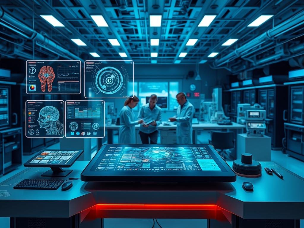 A high-tech laboratory setting, with a central focus on a variety of cutting-edge AI tools and devices. In the foreground, a sleek, futuristic console displaying various digital interfaces and analytics dashboards. Floating holographic screens showcase industry-specific AI applications, their intricate visualizations and complex algorithms. In the middle ground, a team of researchers and engineers collaborating around a large, interactive touchscreen table, analyzing data and fine-tuning their specialized AI models. The background is filled with state-of-the-art equipment, servers, and diagnostic instruments, all bathed in a cool, blue-tinted lighting that creates a sense of modern, technological sophistication. The overall atmosphere is one of innovation, precision, and the endless possibilities of AI-driven transformation within professional domains.