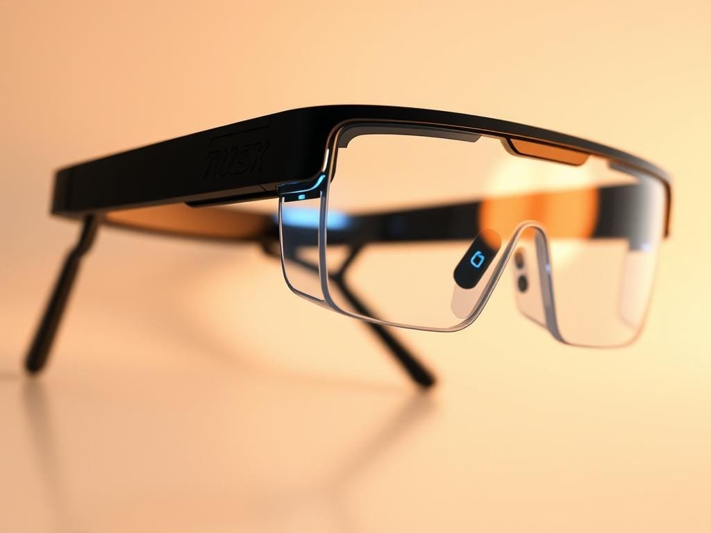 A high-tech pair of smart glasses with a sleek, minimalist design. The lenses are made of transparent, scratch-resistant material that seamlessly integrates advanced sensors and display capabilities. A discreet but powerful processor is housed in the temple, powering the glasses' AI-driven features. The frame is lightweight, durable, and ergonomically shaped for all-day comfort. Subtle indicator lights and haptic feedback provide intuitive user interactions. The glasses project a sharp, high-resolution display that appears to float in the user's field of vision, enabling hands-free access to information and AI-powered assistance. Soft, indirect lighting illuminates the scene, creating a futuristic, yet calming atmosphere.