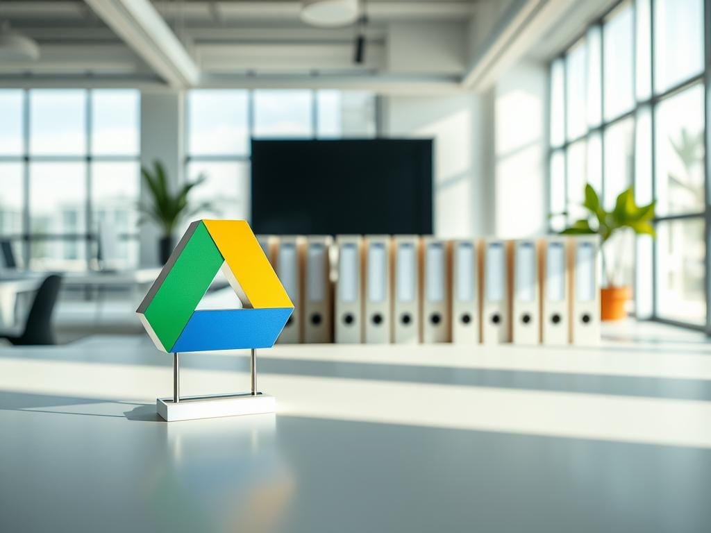 A highly organized and intuitive digital workspace with Google Drive features prominently displayed. In the foreground, a stylized Google Drive icon sits atop a sleek, minimalist desk, casting soft shadows. The middle ground showcases an array of file folders, neatly labeled and arranged, symbolizing effective organization. In the background, a clean, airy workspace with large windows allows natural light to illuminate the scene, creating a sense of openness and productivity. The overall mood is one of efficiency, clarity, and a streamlined digital workflow.