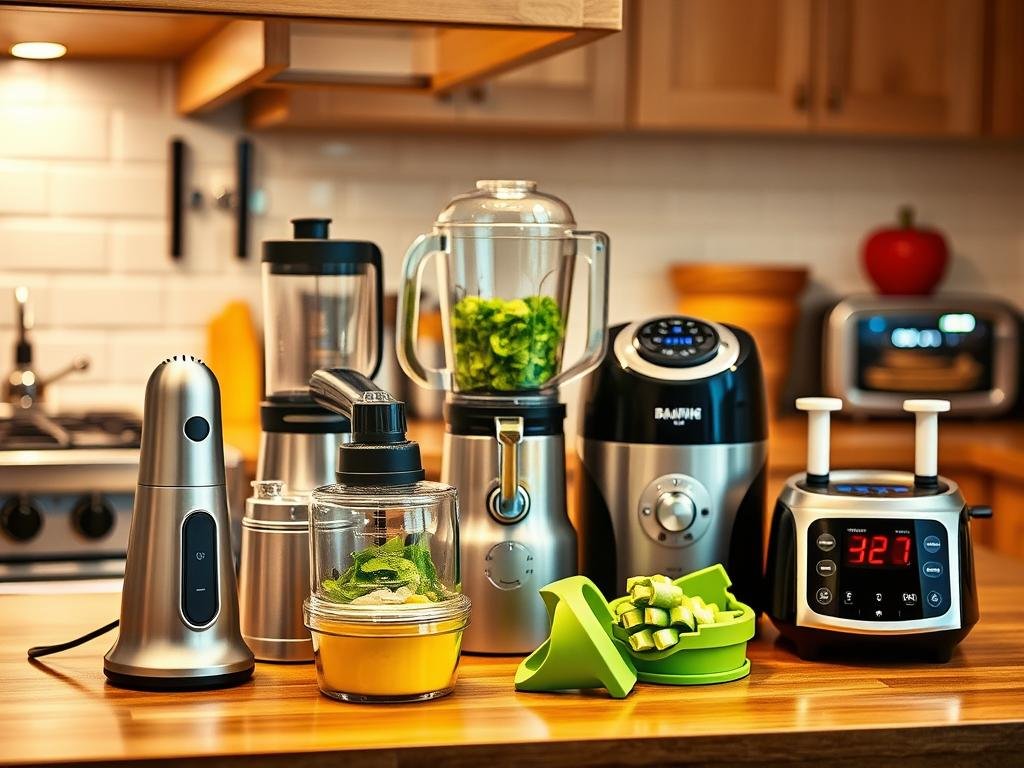 A kitchen counter, illuminated by warm overhead lighting, showcases an array of time-saving kitchen gadgets. In the foreground, a sleek electric can opener, a compact citrus juicer, and a versatile vegetable spiralizer sit neatly arranged. In the middle ground, a high-powered blender with multiple attachments and a digital food scale stand ready to tackle meal prep tasks. In the background, a modern toaster oven and a compact air fryer hint at the diverse appliances that can streamline weeknight cooking. The scene exudes a sense of efficiency and culinary organization, capturing the essence of essential, time-saving kitchen tools.