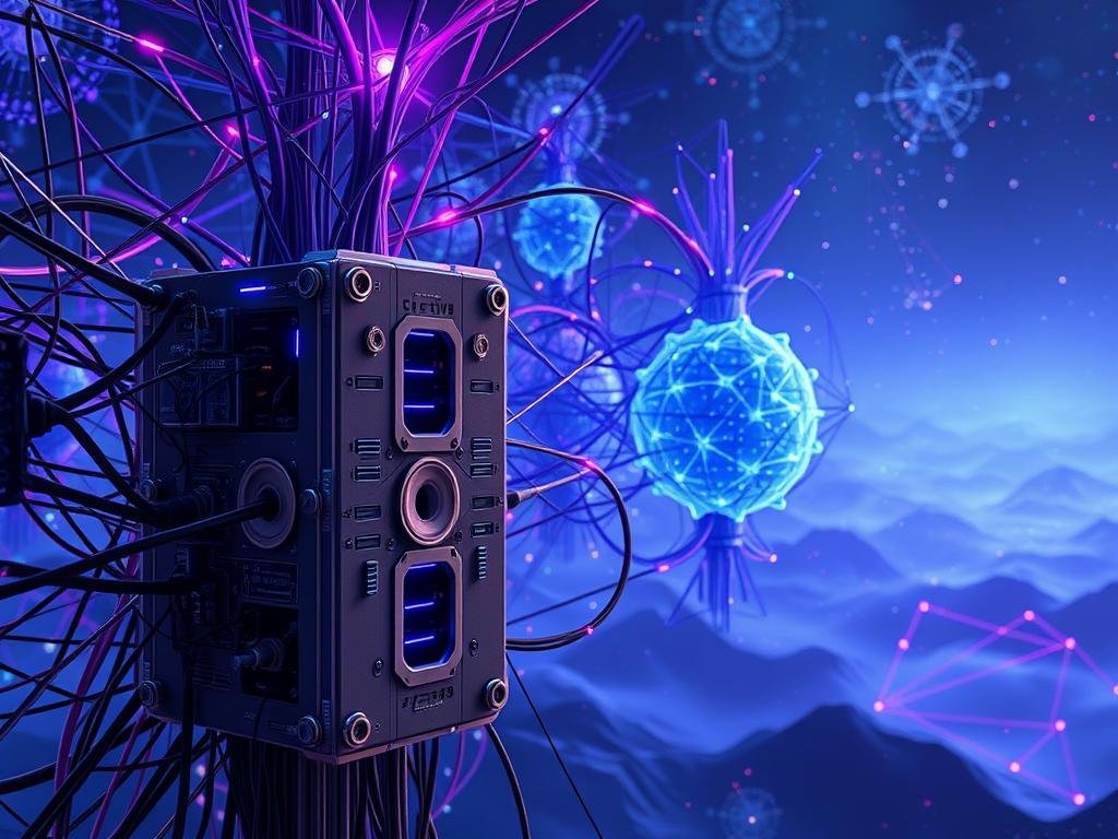 A large, futuristic neural network architecture fills the frame, with intricate interconnected nodes and pathways glowing with vibrant blues and purples. In the foreground, a sleek, metallic retrieval module stands out, its interlocking components and data interfaces hinting at its powerful information-gathering capabilities. The middle ground features a generative module, its algorithms visually represented as swirling lines and abstract shapes, symbolizing the AI's ability to create new content. The background is a mysterious, ethereal landscape, with faint digital landscapes and fractals hinting at the boundless potential of this Retrieval-Augmented Generation system. Dramatic lighting and a sense of depth and scale convey the architectural grandeur and technological sophistication of this cutting-edge AI model.