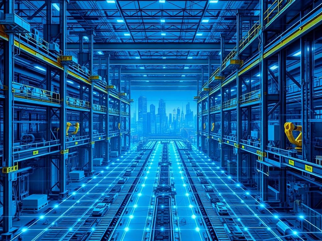 A large industrial manufacturing facility with towering machinery and conveyor belts, bathed in a cool, blue-tinted lighting. In the foreground, a complex network of blockchain nodes and ledgers are seamlessly integrated into the production process, monitoring inventory, tracking supply chains, and automating transactions. The middle ground features robotic arms and autonomous vehicles, working in sync with the blockchain infrastructure. In the background, a cityscape of skyscrapers and technological hubs can be seen, signifying the broader Industry 4.0 revolution enabled by blockchain innovation. The overall scene conveys a sense of efficiency, transparency, and the fusion of cutting-edge technology with traditional manufacturing.
