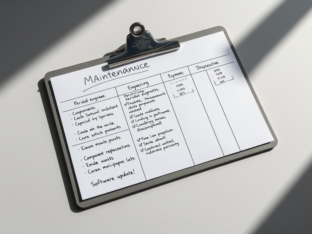 A meticulously organized maintenance schedule presented on a sleek metal clipboard, with a professional engineer's handwritten notes and checklists detailing periodic system diagnostics, component replacements, and software updates. The layout is clean and minimalist, with a neutral color palette of grays and silvers, evoking a sense of efficiency and precision. Soft, directional lighting casts subtle shadows, highlighting the textural details of the clipboard and the crisp, legible writing. The overall mood is one of diligent upkeep and a proactive approach to sustaining peak PC performance.