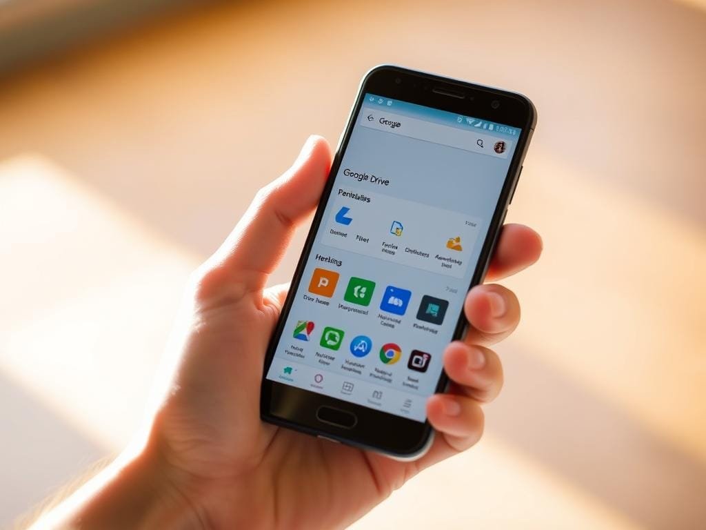 A mobile device held in a hand, displaying the Google Drive app interface. The screen shows a clean, intuitive layout with colorful file icons and smooth navigation. Warm, natural lighting casts a soft glow on the device, highlighting the app's modern design. The hand grips the phone firmly, suggesting a user-friendly experience. The background is blurred, keeping the focus on the app's visuals. The overall scene conveys the convenience and accessibility of Google Drive on the go, seamlessly integrating cloud storage and collaboration into everyday mobile use.