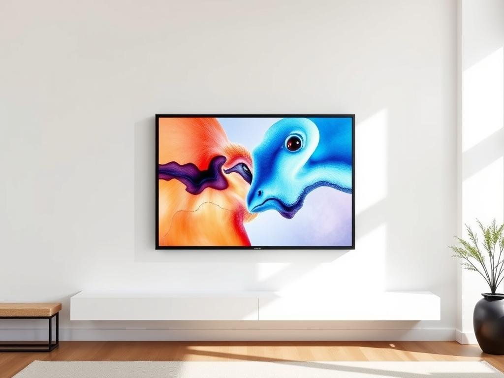 A modern art gallery display showcasing the Samsung Frame Pro TV, illuminated by soft, natural lighting. The TV is mounted on a sleek, minimalist frame against a crisp white backdrop, seamlessly blending into the surrounding space. The Frame Pro's 4K QLED display presents a vibrant, high-resolution digital artwork, its edges subtly visible to create the illusion of a framed painting. The room's decor is tasteful and understated, allowing the TV to take center stage as the focal point of this artfully designed living space.