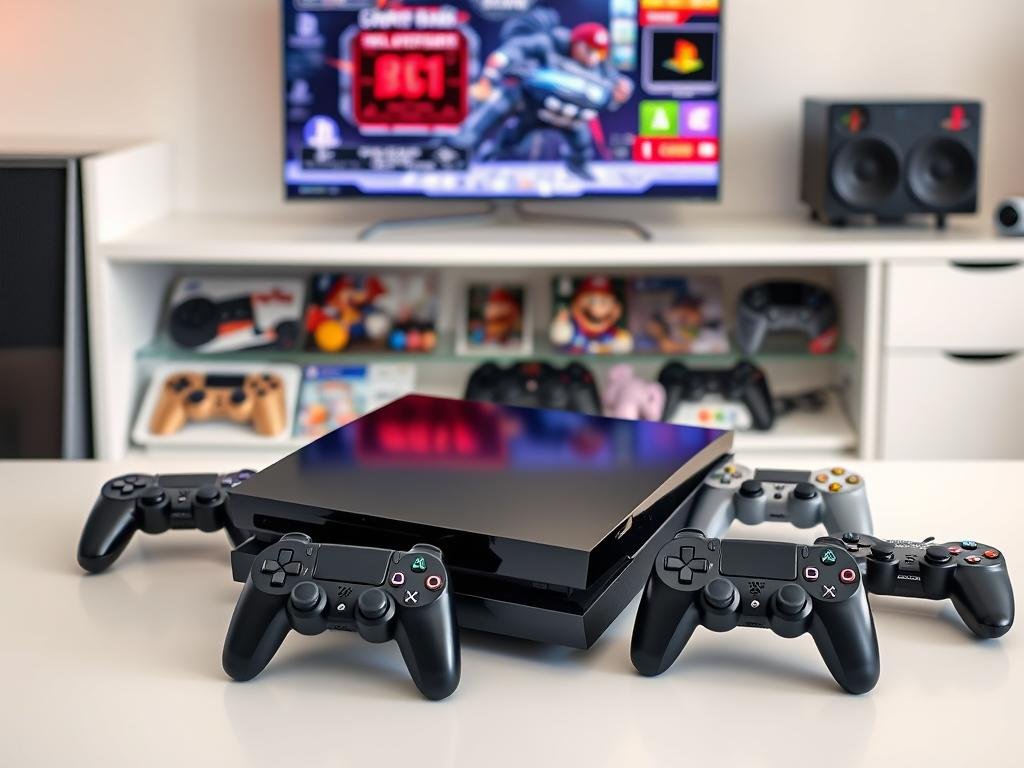 A modern, sleek gaming setup featuring a PlayStation console and various retro game controllers. In the foreground, a PlayStation 6 console stands prominently, its glossy surface reflecting the warm lighting. Surrounding it, a collection of classic PlayStation controllers from across generations, each one meticulously detailed, suggesting the console's backward compatibility. The middle ground showcases a selection of iconic PlayStation game covers, hinting at the wealth of classic titles players can enjoy. The background features a clean, minimalist workspace, with a large display showcasing gameplay from a retro PlayStation title, emphasizing the seamless integration of old and new. The overall scene conveys a sense of nostalgia and technological progress, inviting the viewer to imagine the future of PlayStation gaming.
