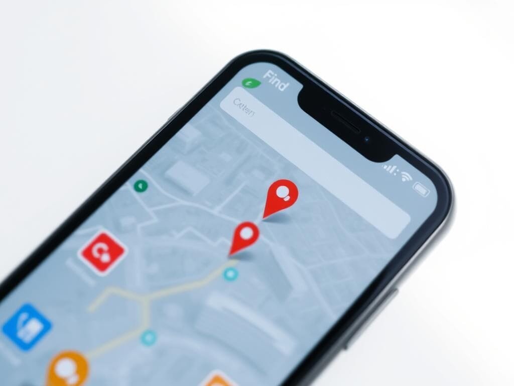A modern smartphone screen displaying the "Find My" app interface, with colorful icons and a map prominently featuring device location markers. The map shows a cityscape in the background, with buildings and streets visible. The lighting is natural and diffused, creating a clean, crisp aesthetic. The camera angle is slightly elevated, giving an overview of the app's functionality. The overall mood is one of digital convenience and technological empowerment, reflecting the app's purpose of helping users locate their connected devices.