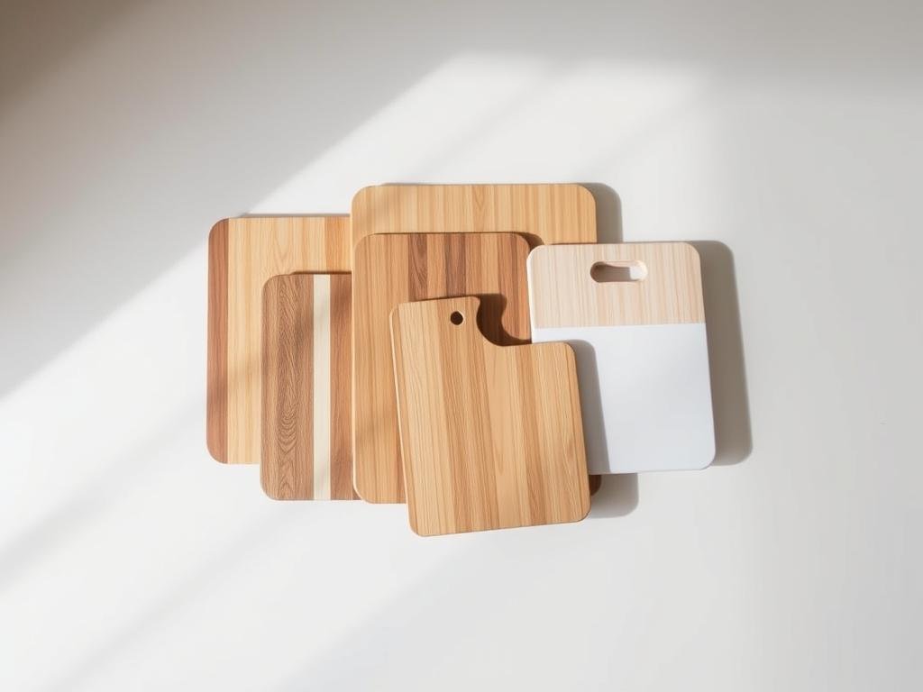 A neatly arranged collection of various cutting boards, including wooden, plastic, and bamboo varieties, resting on a clean, light-colored kitchen counter. The boards are of different shapes and sizes, reflecting their versatile uses for chopping, slicing, and dicing a wide range of ingredients. Subtle shadows and soft, even lighting create a sense of depth and dimension, highlighting the natural textures and grain patterns of the materials. The overall scene exudes a sense of organization, functionality, and the essential tools needed for efficient meal preparation in a modern, minimalist kitchen setting.