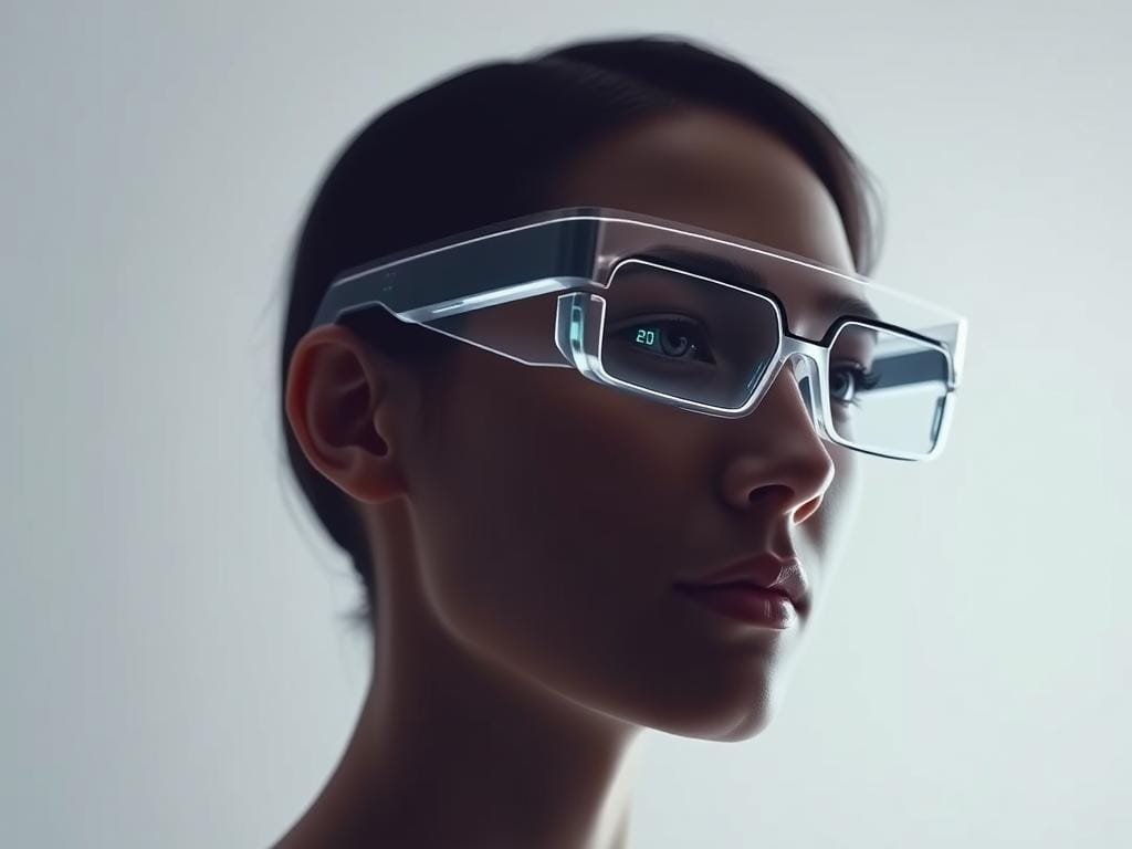 A pair of sleek, futuristic-looking smart glasses with a minimalist, high-tech design. The glasses feature a translucent, lightweight frame that seamlessly blends with the wearer's face. The lenses are equipped with advanced sensors and display technology, allowing for a seamless integration of digital information and the real world. The glasses emit a soft, ambient glow, creating an air of sophistication and innovation. The lighting is crisp and evenly distributed, highlighting the intricate details of the frame and lenses. The background is a clean, neutral studio setting, with a muted color palette that allows the smart glasses to take center stage. The overall atmosphere conveys a sense of technological progression and personal connectivity.