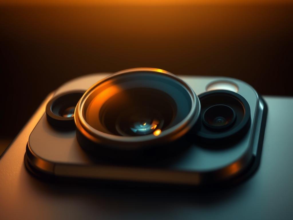 a precision-engineered iphone 17 pro camera system, bathed in warm, soft lighting. the primary lens gleams, its advanced optics capturing a breathtaking depth of field. in the middle ground, the telephoto and ultra-wide lenses flank the central module, poised to deliver unparalleled zoom and wide-angle capabilities. the camera housing is hewn from sleek, metallic materials, radiating a sense of power and sophistication. subtle patterns and textures add visual interest, hinting at the innovative computational photography algorithms that will redefine mobile imaging.
