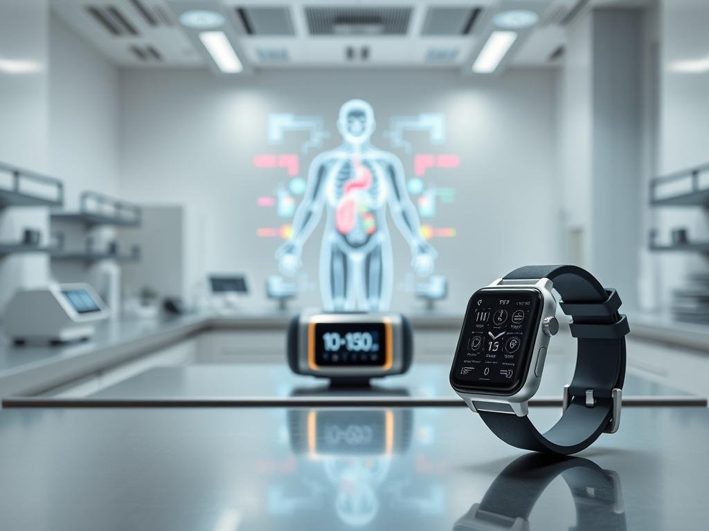 A pristine, well-lit laboratory setting with sleek, futuristic medical devices arrayed on steel countertops. In the foreground, a smartwatch-like wearable with a high-resolution display monitoring a range of biometric data. In the middle ground, a compact, cylindrical device with a glowing panel, presumably scanning for vital signs. In the background, a holographic projection of a human body with colored indicators highlighting areas of health and wellness. The atmosphere is one of cutting-edge innovation, precision, and the promise of personalized, AI-driven healthcare.