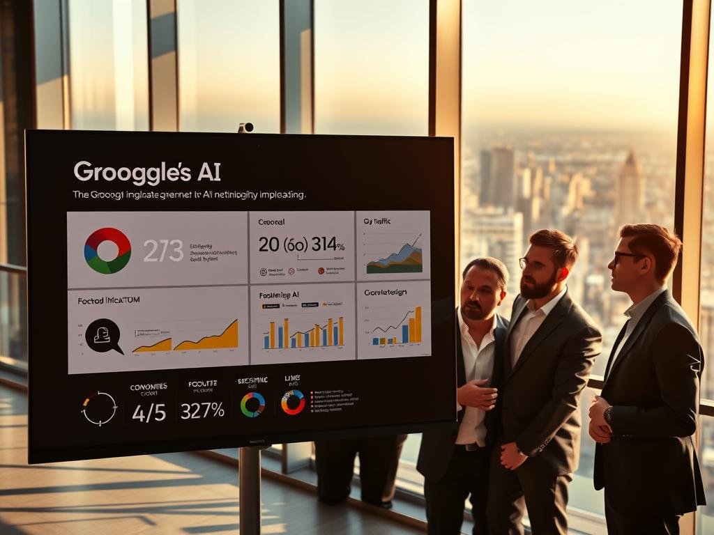 A professional-looking corporate presentation slide showcasing the impact of Google's AI technologies. The foreground features a sleek, minimalist infographic with various metrics and statistics related to AI's influence on web traffic and SEO. The middle ground shows a team of business executives and data analysts examining the slide, their expressions a mix of thoughtfulness and concern. The background depicts a modern, high-tech office setting with floor-to-ceiling windows overlooking a cityscape. Warm, directional lighting casts dramatic shadows, creating a sense of gravity and importance. The overall mood is one of analysis, innovation, and the far-reaching implications of AI advancements.