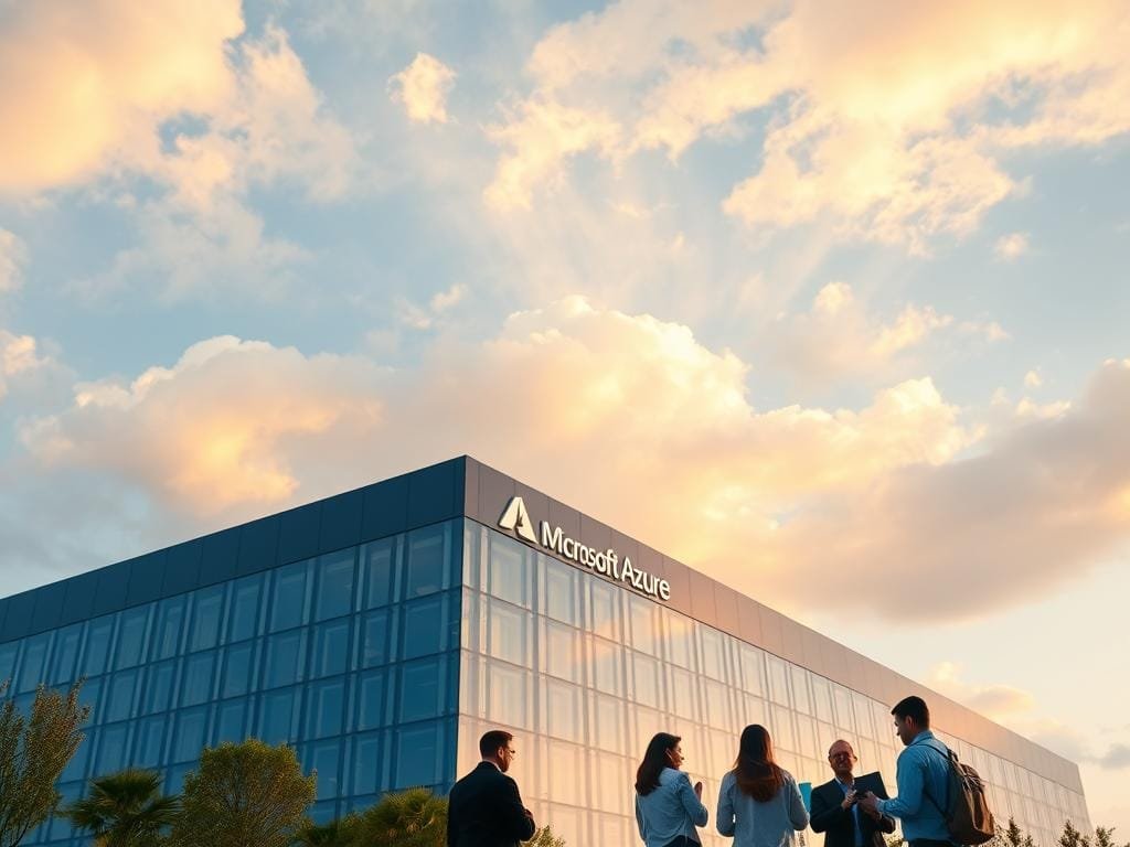 A serene, cloud-filled sky with the iconic Microsoft Azure logo prominently displayed, casting a soft, ethereal glow over a modern, state-of-the-art data center below. The building's sleek, angular architecture and gleaming glass facade reflect the advanced, enterprise-level capabilities of the Azure cloud platform. In the foreground, a group of business professionals collaborate seamlessly, their devices and applications seamlessly integrated with the Azure ecosystem. Warm, directional lighting illuminates the scene, conveying a sense of efficiency, reliability, and Microsoft's expertise in enterprise cloud computing solutions.