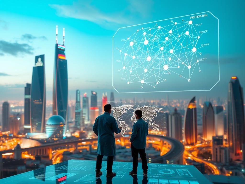 A serene, futuristic cityscape with sleek, towering skyscrapers and a vibrant, holographic skyline. In the foreground, a team of data scientists and AI engineers collaborating on a virtual dashboard, examining visualizations and graphs that illustrate AI hallucination detection strategies. The middle ground features a complex, interconnected neural network diagram, its intricate layers pulsing with data. In the background, a panoramic view of the city, its infrastructure bathed in warm, ambient lighting, symbolizing the seamless integration of AI safeguards within the enterprise ecosystem. The overall mood conveys a sense of innovation, security, and a harmonious balance between human and artificial intelligence.