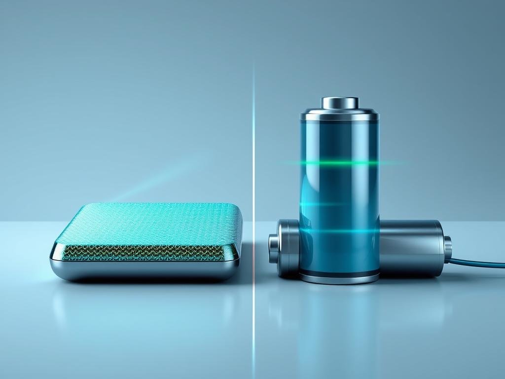 A side-by-side comparison of a graphene-silicon battery and a conventional lithium-ion battery, against a clean, minimalist backdrop. The graphene-silicon battery charges rapidly, its shimmering surface glowing with iridescent hues, while the lithium-ion battery charges at a slower, more conventional pace. Sleek, angular lines and a cool, futuristic color palette convey the advanced nature of the new technology. The image should exude a sense of scientific precision and technological progress, with a focus on the key differences in charging time between the two battery types.